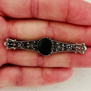Vintage Art Deco Style Filigree Bar Brooch Black Cabochon 2.5”